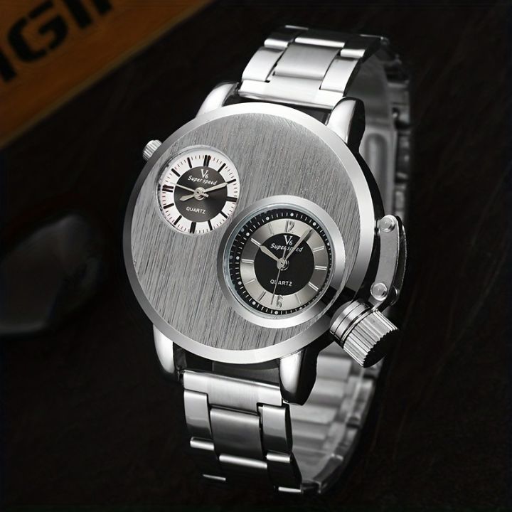 Men Double Movement Stainless Steel Luxury Wrist Watch Large Dial Men Business Watch