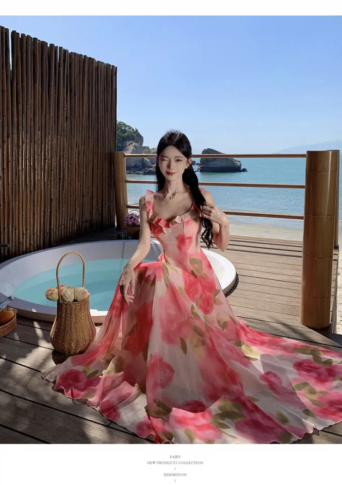 Celebrity Style French Romantic Elegant Rose Printed Beach Dress Elegant  Chiffon Seaside Vacation Dress Summer | Daraz.com.bd