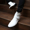 Luxury Leather Chelsea Boots Men Designer White Dress Boots Men Casual High top Buckle Strap Formal Shoes Men Motorcycle Boots.