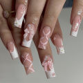24Pcs Long Ballet False Nails with Bow Designs Pink Coffin Press on Nails Wearable French Nail Full Cover Manicure Tips.