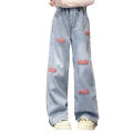Girls Spring Jeans 2024 New Foreign Style Girls Big Spring and Autumn Casual Straight Pants Children's Spring Wide-leg Pants. 