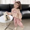 Girls' suit spring and autumn 2023 new foreign fashion baby girl spring children's floral bow two-piece set. 