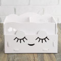 Smiling face wooden white cosmetics organizer, clean desk and desk. 