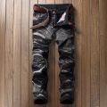 2020 High Quality Men Casual Jeans Coated Slim Straight Pleated Biker Jeans Pants Male Denim Casual Pants Plus Size 42.