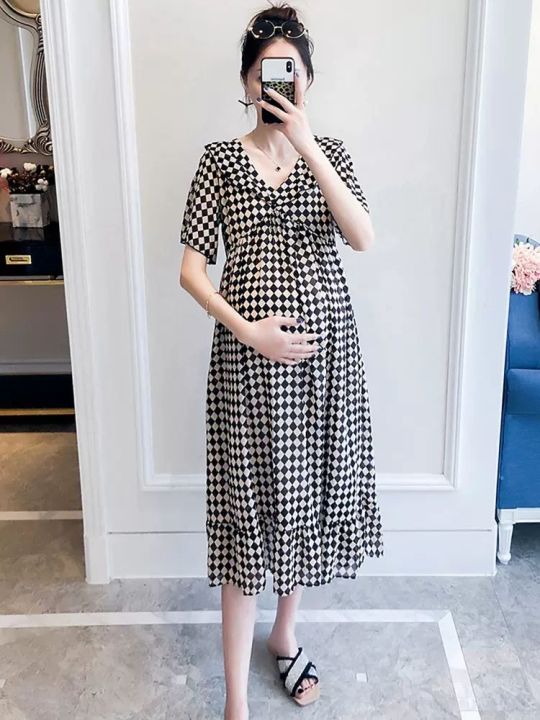 insWestern Style Summer Maternity Dress Loose Slimming Plaid Skirt Summer Fashionable Long Summer Maternity Dress