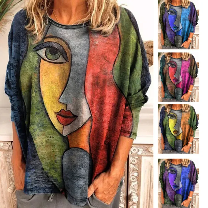 Women%20Blouse%20Round%20Neck%20Abstract%20Face%20Print%20Long%20Sleeve%20Blouse%20-%20Image%206