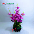 Artificial Purple Orchid Flower & plant (32cm) in Bamboo pot for Decoration - Home Decoration Item - Home Decoration Item.