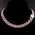 Men Women Pink Rhombus Cuban Chain Iced Out 2 Row Rhinestone Cuban Link Chain 14MM Prong Necklace Hiphop Jewelry.