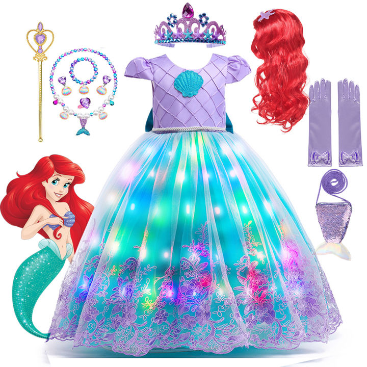 Disney Mermaid Ball Gown Costume For Girl LED Light Up Ariel Cosplay Dress Children Fancy Birthday Party Princess Dress Luxury