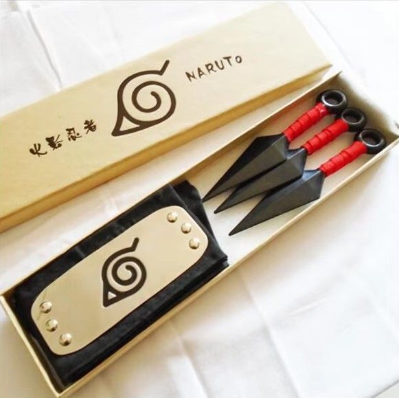 Anime Naruto 3PCS/Set 13CM Kunai + Headband With Box Unisex Plastic Kunai Anime Fan Cosplay Accessory