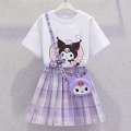 Girls' JK New Fashionable Short Sleeve Academy Style Pleated Skirt Kuromi Princess Dress Summer Two Piece Set. 