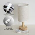 Small Table Lamp-Wooden Bedside Lamp Simple Bedroom Lamp Linen Shade Mini Desk Lamp Night Light Nightstand Lamp for Bedroom,Living Room,Kids Room (Including LED Bulbs) (Round). 