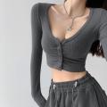 Hot Girl Sexy Cropped Long Sleeve T Women's T-shirt 2024 Spring and Autumn New Pure Color Tight Slimming Cardigan Short Top.