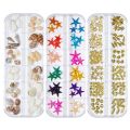 Marine series nail art jewelry, natural shell slices, abalone slices, starfish metal rivets, pearls, small stones. 