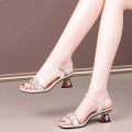 Summer New Sandals Women's Summer Mid Heel Soft Leather Plaid Flower Niche Shoes Retro Women's Shoes French High Heels.