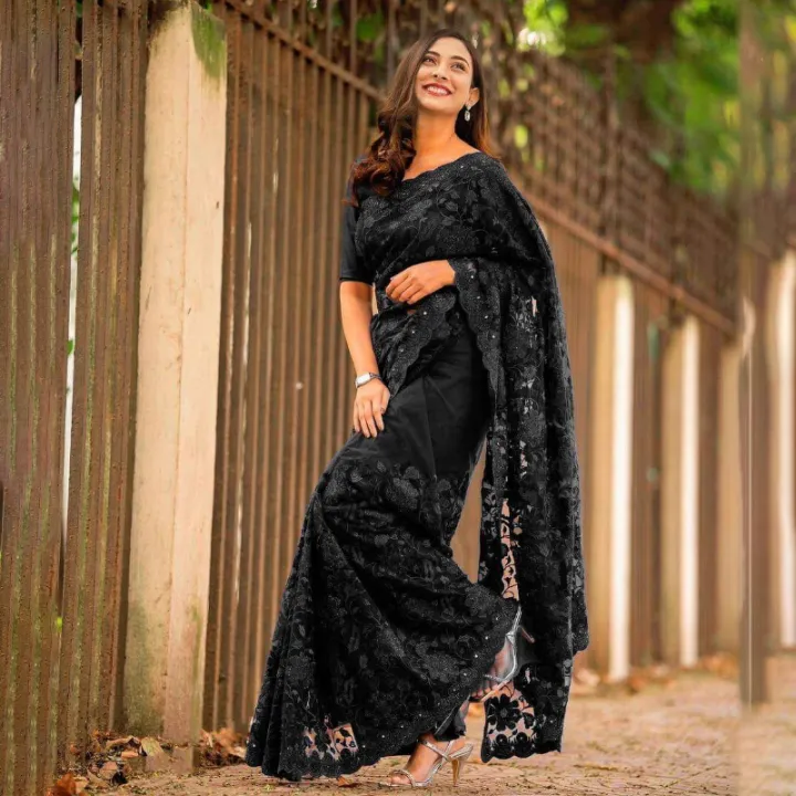 Indian%20Weightless%20Georgette%20Saree%20Black%20Color%20High%20Quality%20Embroidery%20Work%20On%20Blouse%20-%20A%20Touch%20of%20Opulence%20and%20Grace%20-%20Sari%20-%20Image%203