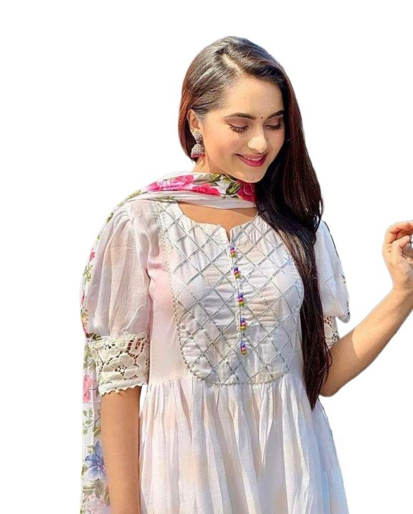 New Model Beautiful Comfortable Gown Three Piece Readymade Set Screen Print Work for Women