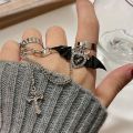 Punk Gothic Black Bat Wing Cross Chain Rings for Men Women Hip Hop Crystal Heart Cross Irregular Double Finger Rings Jewelry. 