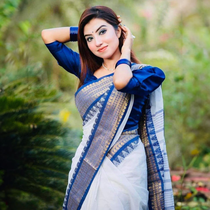 White and Blue Half Silk Saree for Women - Eye-Catching Design, Perfect for Special Occasions