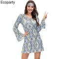 Women Floral Fashion Mini Dresses Hippie Girl Costume Flare Sleeve 70's Disco Dress Ladies Party Clubwear Retro Hippy 70s Dress. 