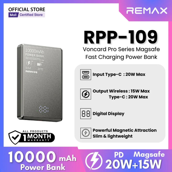 REMAX RPP-109 Vocard Pro Series Ultra Slim 20W PD Magnetic Wireless Metal Body 10000mAh Power Bank - Grey