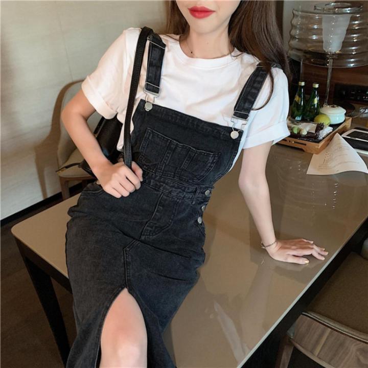 Button Dress Women Denim New Fashion Suspender Sleeveless Pockets Korean Medium-Length Solid Color A Line Denim Dress 987J