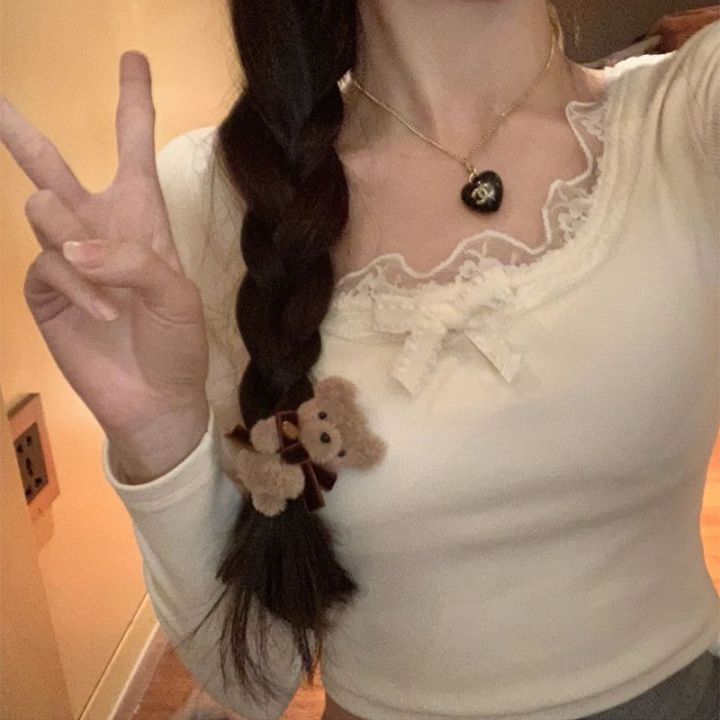 Dralon Pure Lace Lace Long-Sleeved T T-shirt Women's Autumn and Winter Western Style All-Matching Slim Fit Slimming Bottoming Shirt Short Top