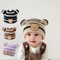 Baby fall and winter children's knitted cap baby boy baby girl baby striped bear head wool cap rolled warm hat baby accessories.