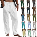 Men Linen Plus Size Drawstring Elastic Waist Button Trousers Solid Color Loose Beach Causal Long Pants. 