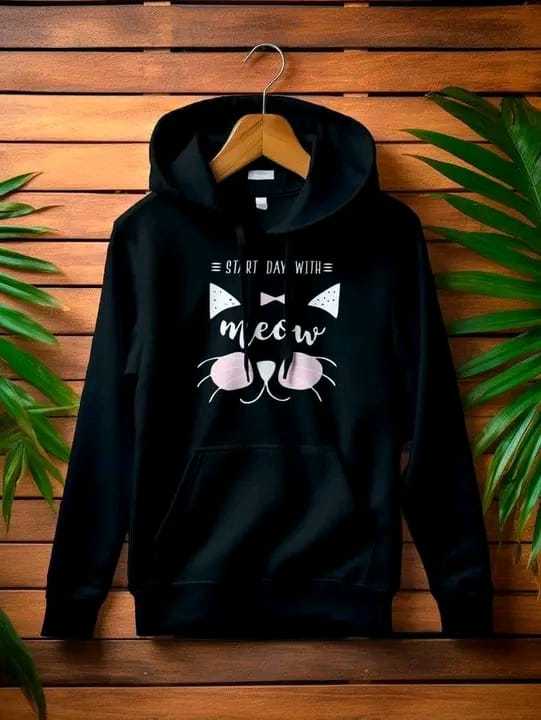 Solid black Color printed (meow) Hoodie 320 GSM Fully Cotton Fabrics Suitable for Women Girls Ladies Hoodie by Tajkiya Fashion