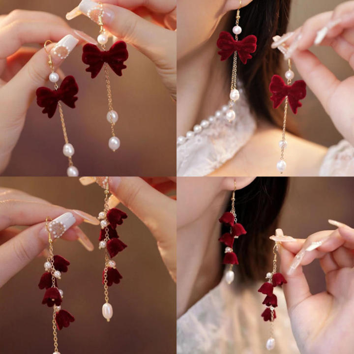 Red Tassel Earrings Elegant Bow Design Flocking Texture Flocking Earrings Fashion Trend Unique  Earrings for Wedding Accessory Trendsetters Party Favors Fashionable Women Jewelry Collector