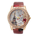 Trendy Women rhinestone Eiffel Tower PU leather quartz Watch.