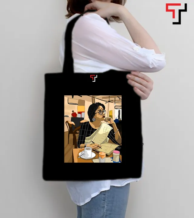 Customizely%20Illustrated%20bengali%20girl%20with%20saree%20Printed%20Black%20and%20White%20Canvas%20Tote%20Bag%20with%20Zipper%20for%20Girls%20-%20Image%205