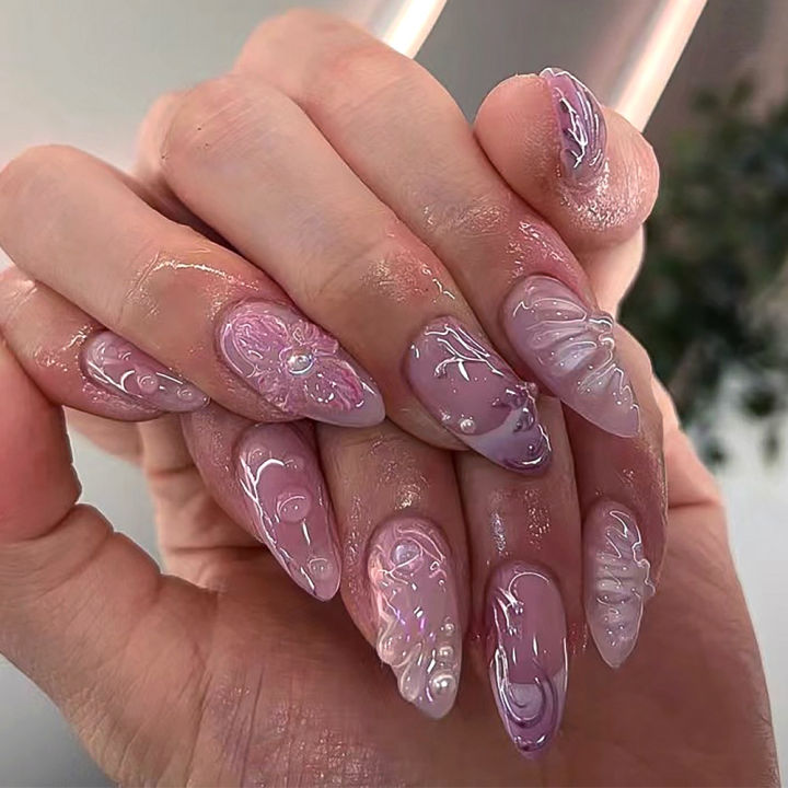 Ren nail ripple color 3D apricot 24 pieces pink thread with French tip design wearable nails artificially pressed on the nail tip art