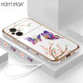 Hontinga for Xiaomi Poco M5 Back Cover With Lanyard Luxury 6D Plating Shiny Pretty butterfly Case Soft Silicone Square Mobile Cover. 