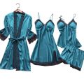 Women Pajamas Sets Satin Sleepwear Silk 4 Pieces Nightwear Pyjama Spaghetti Strap Lace Sleep Lounge Pijama With ChPads.