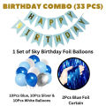Happy Birthday Decoration Combo Pack – Blue Backdrop Foil Curtain, Light Blue Paper Birthday Banner With Metallic Balloons.
