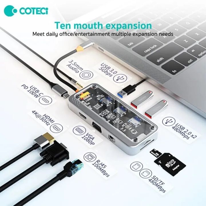 COTECi%20USB%20C%20HUB%2010%20in%201%20Docking%20Station%20RJ45%203.0%20Type%20C%20HDMI%20Adapter%203%20Dock%20Ports%20Fast%20Charging%20for%20Macbook%20PC%20Laptop%20Tablet%20-%20Image%202