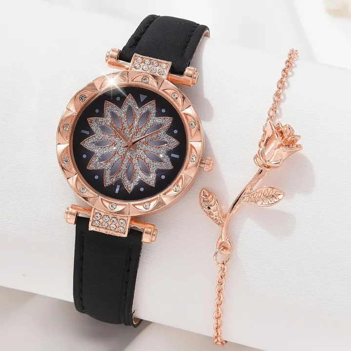 Women's%20Watch%20Flower%20Fashion%20Quartz%20Watch%20Sparkling%20Rhinestone%20Analog%20Wrist%20Watch%20&%201pc%20Rose%20Flower%20Bracelet,%20Gift%20For%20Mom%20Her%20-%20Image%202