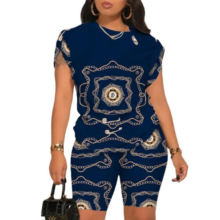 Summer Fashion Print Two Piece Set Women Casual Round Neck Short Sleeve Tshirt Shorts Two Piece Set Women