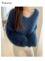 Lantern Sleeve Knitted Mohair Sweater Women Pullover Lazy Oaf Ladies Jumpers Tops Femme Korean Casual 2022 Autumn Pull Femme.