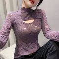 New Fashion Long Sleeve Lace Personality Hollow-out Slim Fit Slimming Versatile Half-High Collar Bottoming Shirt Women's Fashion.