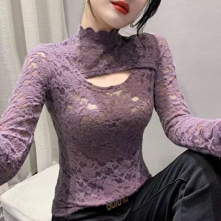 New Fashion Long Sleeve Lace Personality Hollow-out Slim Fit Slimming Versatile Half-High Collar Bottoming Shirt Women's Fashion