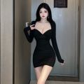 Western Style Fashion Long Sleeve Low-Cut Tight-Fitting Stretch Hip Skirt 2023 Spring and Autumn New Sexy Hot Girl Dress for Women.