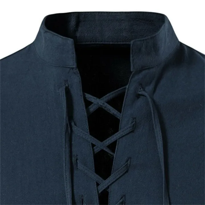 2022%20New%20Men's%20V-neck%20shirt%20T-shirt%20Fashion%20Vintage%20Thin%20Long%20Sleeve%20Top%20men%20Casual%20Breathable%20Front%20Lace%20Up%20man%20Shirts%20-%20Image%205