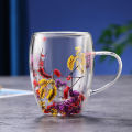 Real Flower Double-layer Glass Cup with Handle Heat-resistant Mug Tea Coffee Cup Espresso Milk Cup Creative Gift Double Wall. 
