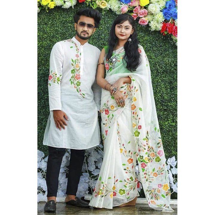 New%20Exclusive%20Designer%20Half%20Silk%20Saree%20And%20Dhupiyan%20Panjabi%20For%20Combo%20Couple%20Dress%20-%20Saree%20Elegance%20Redefined%20for%20Couples%20-%20Image%202