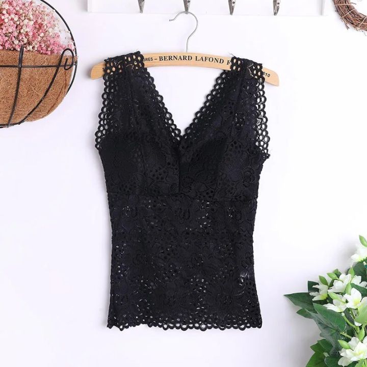 Fashion%20Women%20Lace%20Flower%20Crop%20Top%20With%20Chest%20Pad%20Long%20V-Neck%20Sleeveless%20Solid%20Color%20Vest%20Tops%20Camisole%20-%20Image%203