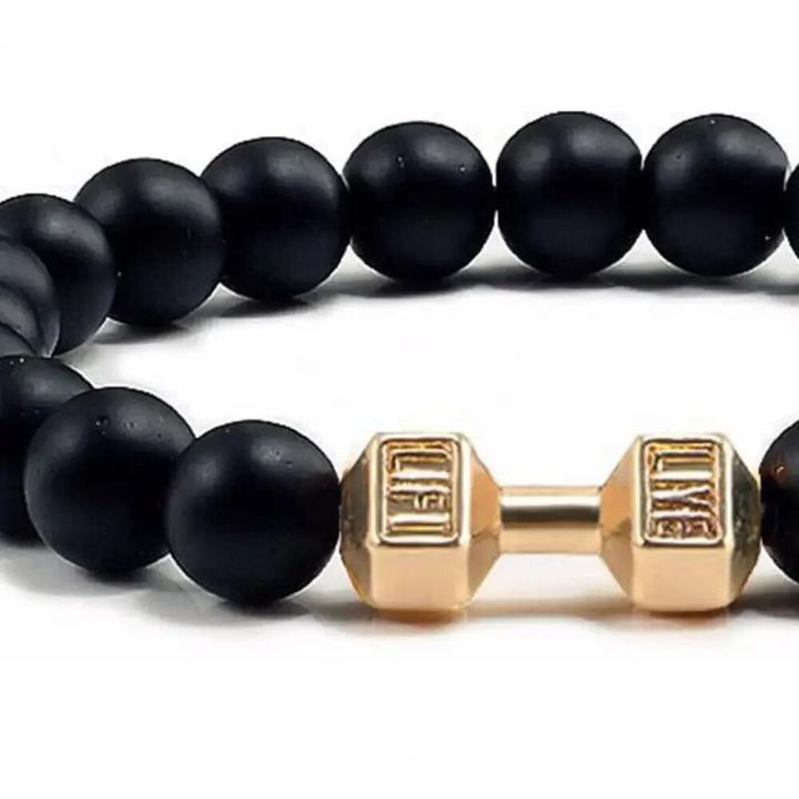 High%20Quality%20Men's%20Beaded%20Bracelet%20Natural%20Black%20Matte%20Agate%20Dumbbell%20Charm%20Bracelet%20Energy%20Fitness%20Barbell%20Fashion%20Jewelry%20-%20Image%202