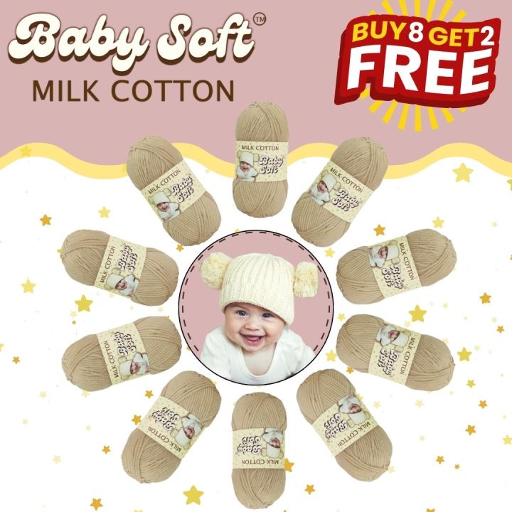 Baby Soft Milk Cotton Wool Yarn for Crocheting-10 pcs (BUY 8 GET 2 FREE)-500 grams Total - 50g / piece - Milk Cotton Yarn for Making Bags, Crafts, Amigurumi, Baby Clothing, Sweaters, Table Mats, Decors, Scarfs, Shawls, Dolls, and more